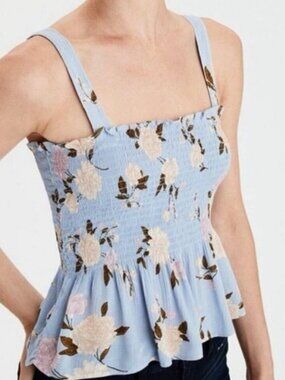 American Eagle Blue Floral Smocked Peplum Tank Top XS